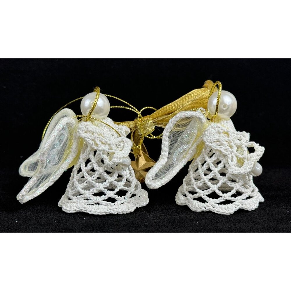Avon Crocheted Lace Ornament Angels 13 inches White Gold Bow in Box F32908-1 - Picture 6 of 15